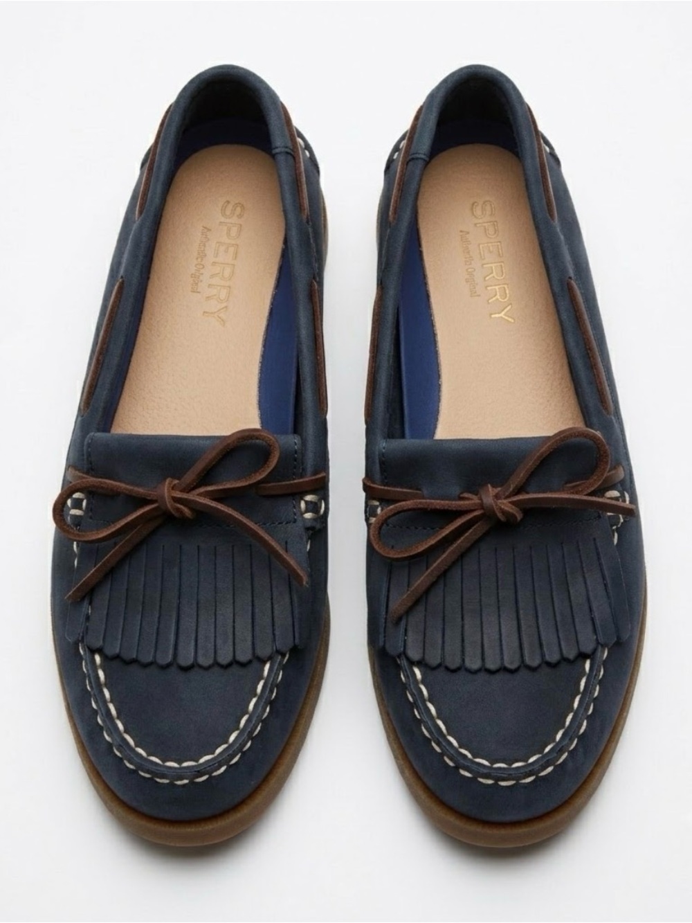 Sperry Navy Kiltie Fringe Moccasin Loafers with Brown Laces